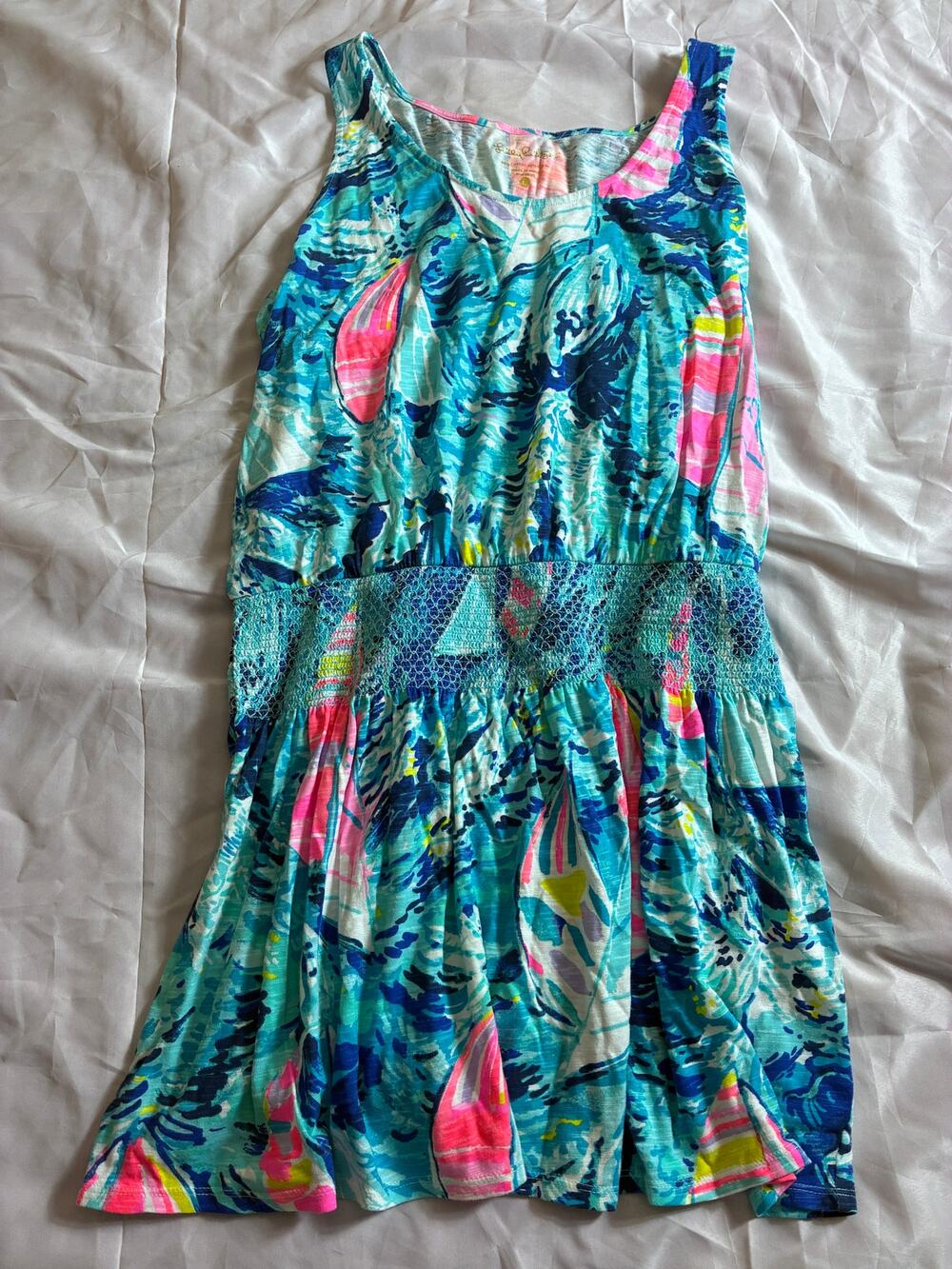 Lilly Pulitzer Racerback Tank Dress Blue Sailboat Print Smocked Waist L